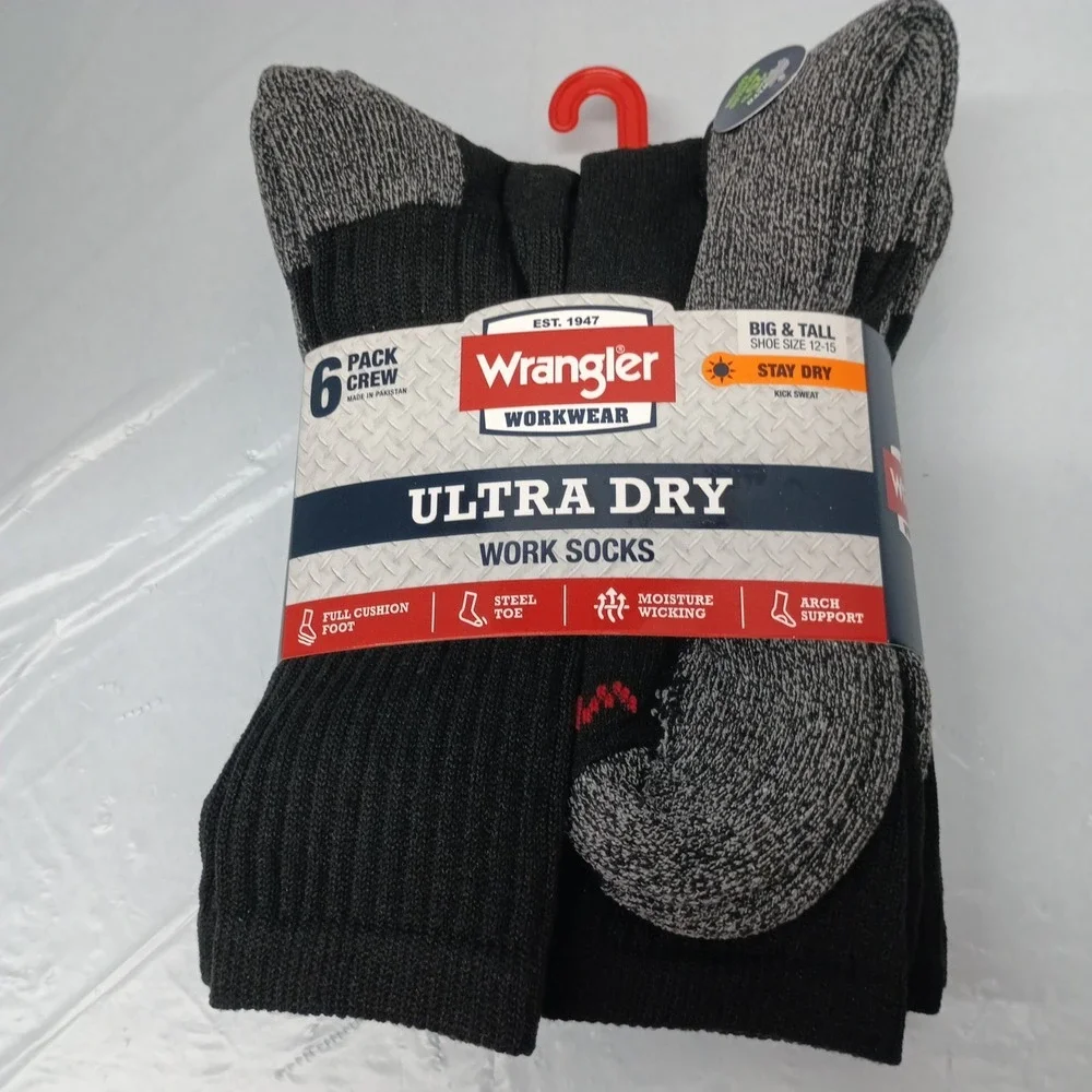Wrangler Men's 6 Pack Crew Ultra Dry Work Socks Shoe size 12-15 Big & Tall New